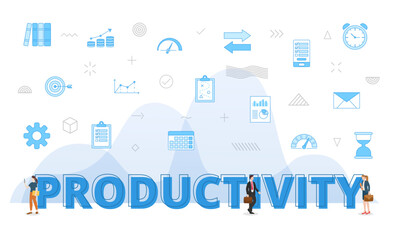 productivity concept with big words and people surrounded by related icon with blue color style