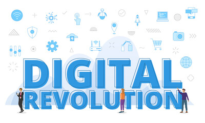 digital revolution concept with big words and people surrounded by related icon with blue color style