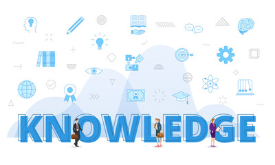 knowledge concept with big words and people surrounded by related icon with blue color style