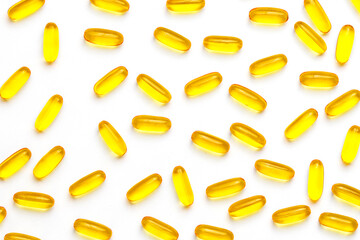 Close up of oil filled capsules suitable for: fish oil, omega 3, omega 6, omega 9, vitamin A, vitamin D, vitamin D3, vitamin E