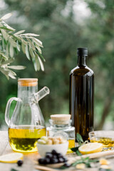 Olive oil bottle and olive oil in glass on old wooden table under olive tree.