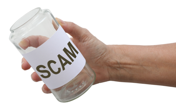 Hand holding a glass jar with a label saying SCAM transparent png file
