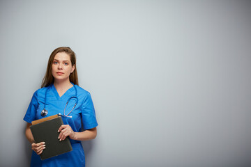 Obraz premium Serious student woman of medical university. Isolated portrait with copy space.