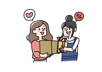 お気に入り商品やお買い得商品を見つけた女性たち　紹介割引を利用した人