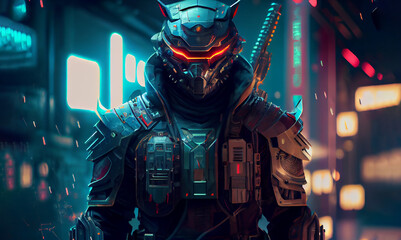 Armed samurai and Japanese street with blurred neon lights at night on background. Generative AI.