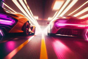 Fototapete Autos Two supercars racing in neon light tunnel. Generative AI.