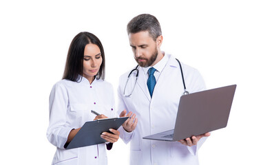 doctor and internist do ehealth noting isolated on white. doctor with internist noting ehealth