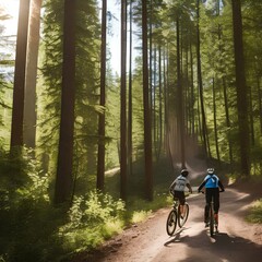 A person riding a bike on a dirt trail through a forest, Generative AI