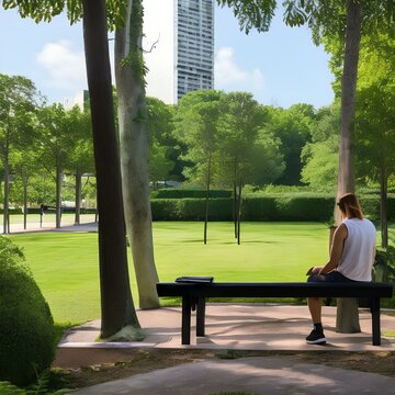 A person sitting on a bench in a park, surrounded by lush greenery, Generative AI