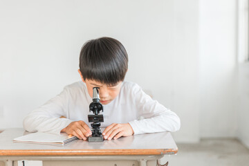 学校の授業で理科の実験・勉強をする小学生の男の子(顕微鏡・見る)
