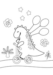 Coloring book for small children. Dinosaur on a bike with balloons, vector illustration, isolated on a white background. For children's creativity. Coloring page for kids.