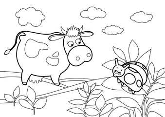 Coloring book for small children. Cow and ladybug in the meadow, vector illustration, isolated on a white background. For children's creativity. Coloring page for kids.