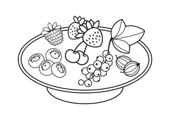 Coloring book for small children. Berries in a bowl, vector illustration, isolated on a white background. For children's creativity. Coloring page for kids.