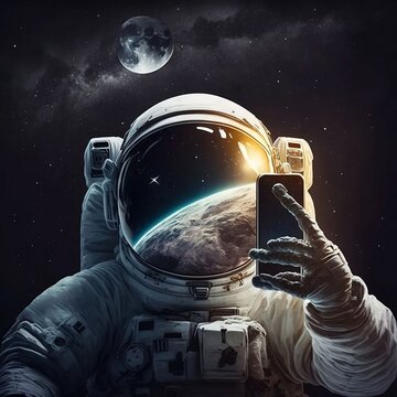 astronaut in his suit making selfie on a Moon Lunar with the earth with the moon facing him in space - AI generated