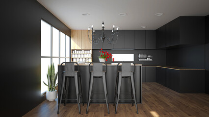 Modern kitchen interior with furniture.3d rendering - 563172009