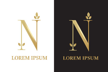 Premium Gold Letter N Logo. N Letter Design Vector with Golden Colors and Floral .