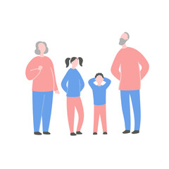 Fototapeta premium Modern flat vector illustration with grandparents and grandchildren. Grandfather, grandmother, granddaughter and grandson standing together. Concept of family, family values, support and connections i