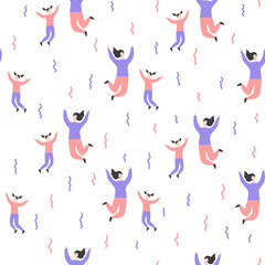 Seamless flat cartoon vector pattern with happy people. Parent with children jump, delight, joy, victory. Mom and daughter jumping. Endless print of family, family values and connections in families