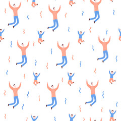 Seamless flat cartoon vector pattern with happy people. Parent with children jump, delight, joy, victory. Dad and son jumping. Endless print of family, family values and connections in families