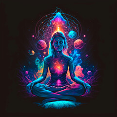 Beautiful woman in Padmasana or lotus position. Figure with the chakras or energy centers marked on her body. Image with a dark background surrounded by light and aura. Meditation. Generative AI