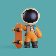 3d astronaut holding a skateboard. cute character illustration