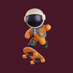 3d astronaut doing freestyle jumping on the skateboard. cute illustration
