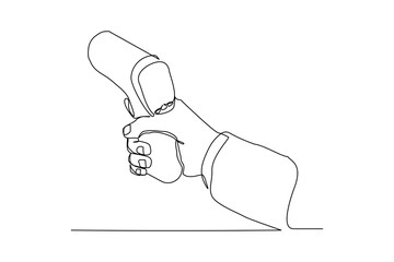 Continuous single one line drawing of  hand holding thermometer gun. Vector illustration of people hold medical temperature gauge measurement digital modern.