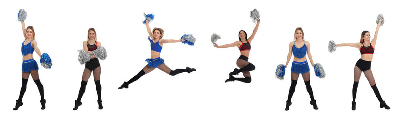 Collage with photos of beautiful happy cheerleaders with pom poms in uniforms on white background