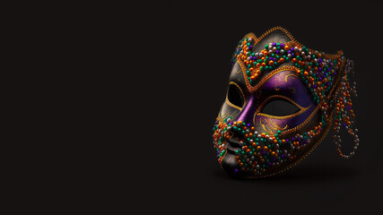 Realistic luxury carnival mask for Mardi Gras on dark background, panoramic banner with copy-space, place for text. Generative AI, AI generated illustration.