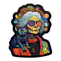 psychedelic cartoon of old woman with cat made with generative ai