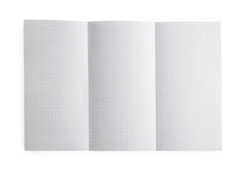 Checkered sheet of paper with creases on white background, top view