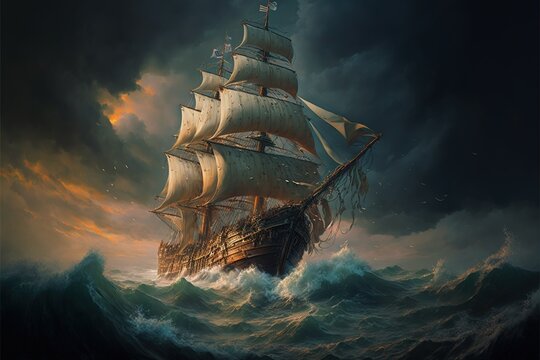 Fantasy ship in a storm landscape, oil painting, rich colors, nature, travel. Generative AI