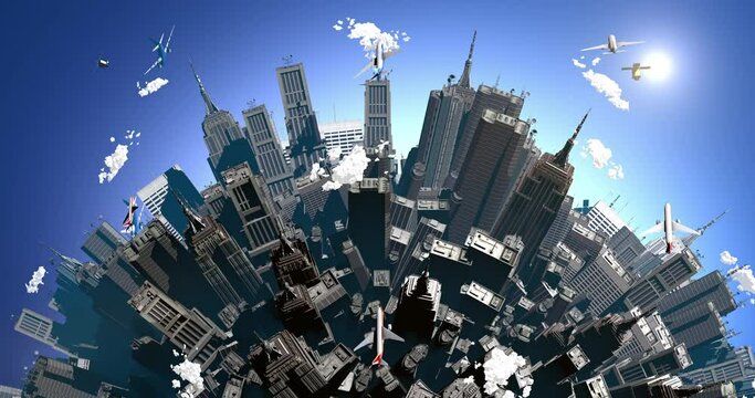 Crowded cities on planet earth. Covered by skyscrapers. Overpopulated earth covered by cities 3d concept animation.