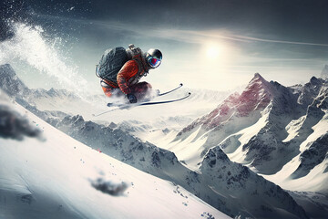 High speed. Sportsman in ski suit. Beautiful mountains. Skiing high in the mountains. Generative AI