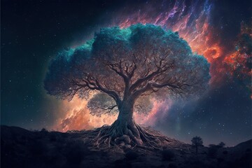 Cosmic nebula growing gigantic tree of life, yggdrasil, growing on asteroid, universe, majestic, dreamy, extraterrestial planet. Generative AI