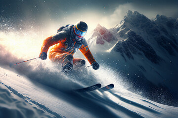 Skiing in action. Beautiful mountains. Sportsman in ski suit. Skiing high in the mountains. High speed. Generative AI