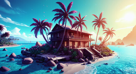 Tropical Paradise: Illustration of Caribbean Beach and Palm Trees [AI Generated]