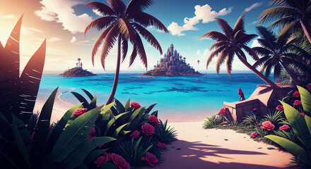 Naklejka premium Tropical Paradise: Illustration of Caribbean Beach and Palm Trees [AI Generated]