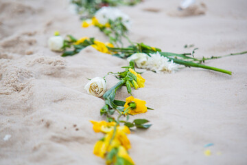 flowers in honor of iemanja, during a party at copacabana beach in Brazil.