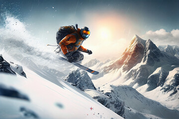 Naklejka na ściany i meble Sportsman in ski suit. Skiing in action. Winter. Skiing high in the mountains. Side view. Speed. Generative AI