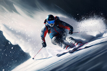 Sportsman in ski suit. Skiing in action. Winter. Skiing high in the mountains. Speed. Generative AI