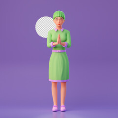 cute girl with welcome hand pose, 3d character illustration