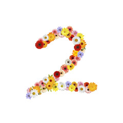 Number 2 made of beautiful flowers on white background