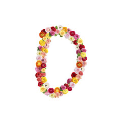 Number 0 made of beautiful flowers on white background