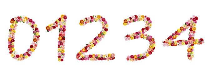 Set with numbers made of beautiful flowers on white background