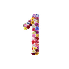 Number 1 made of beautiful flowers on white background