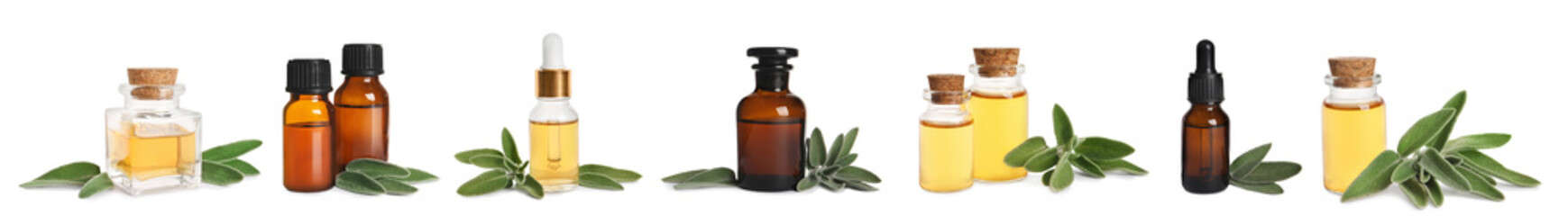 Set with bottles of essential sage oil and leaves on white background
