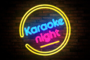 Obraz premium Glowing neon sign with words Karaoke Night on brick wall
