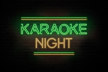 Glowing neon sign with words Karaoke Night on brick wall