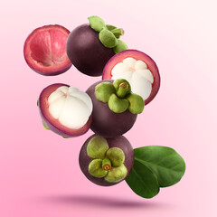 Many ripe mangosteen fruits and leaves falling on light pink background